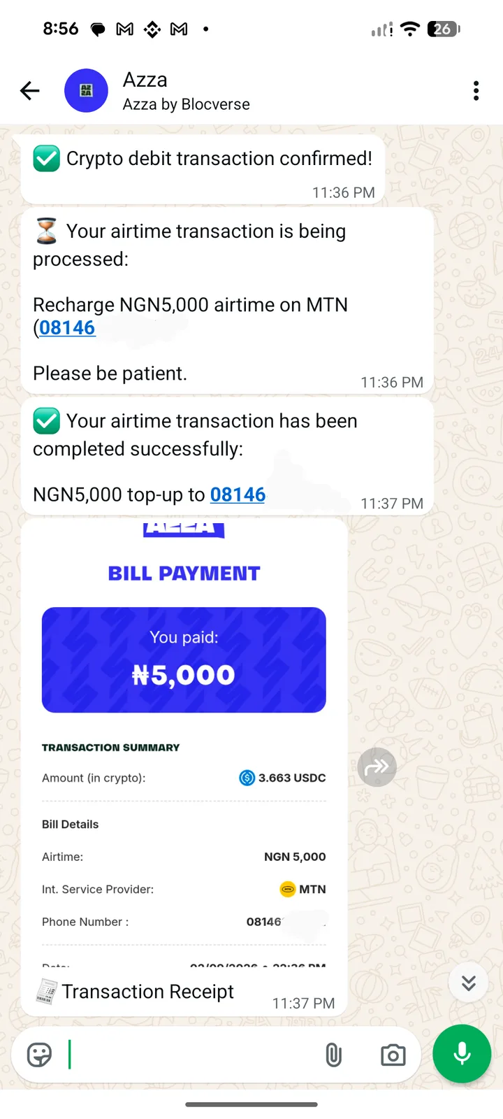A WhatsApp chat with Azza confirming a 5,000 Naira MTN airtime top-up paid with USDC, with the bill payment receipt.