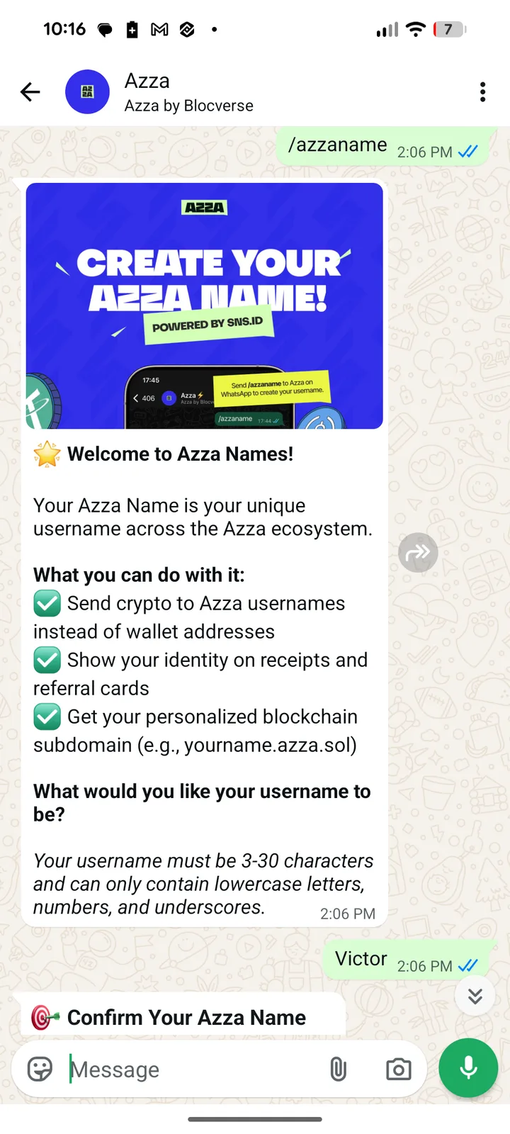 A WhatsApp chat with Azza introducing Azza Names and asking for a username after the /azzaname command.