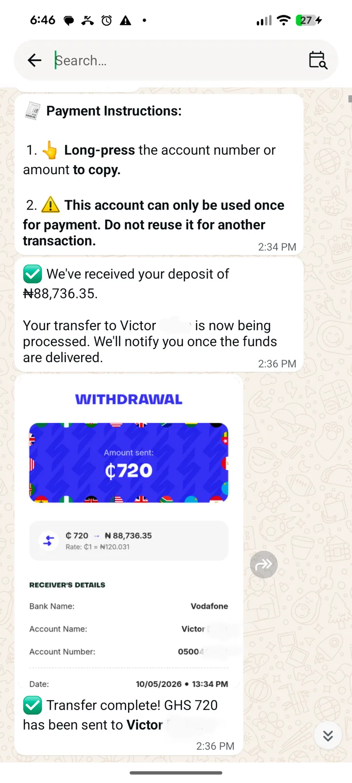 A WhatsApp chat with Azza confirming a Naira deposit and a completed GHS 720 transfer to a Vodafone account in Ghana, with the receipt.