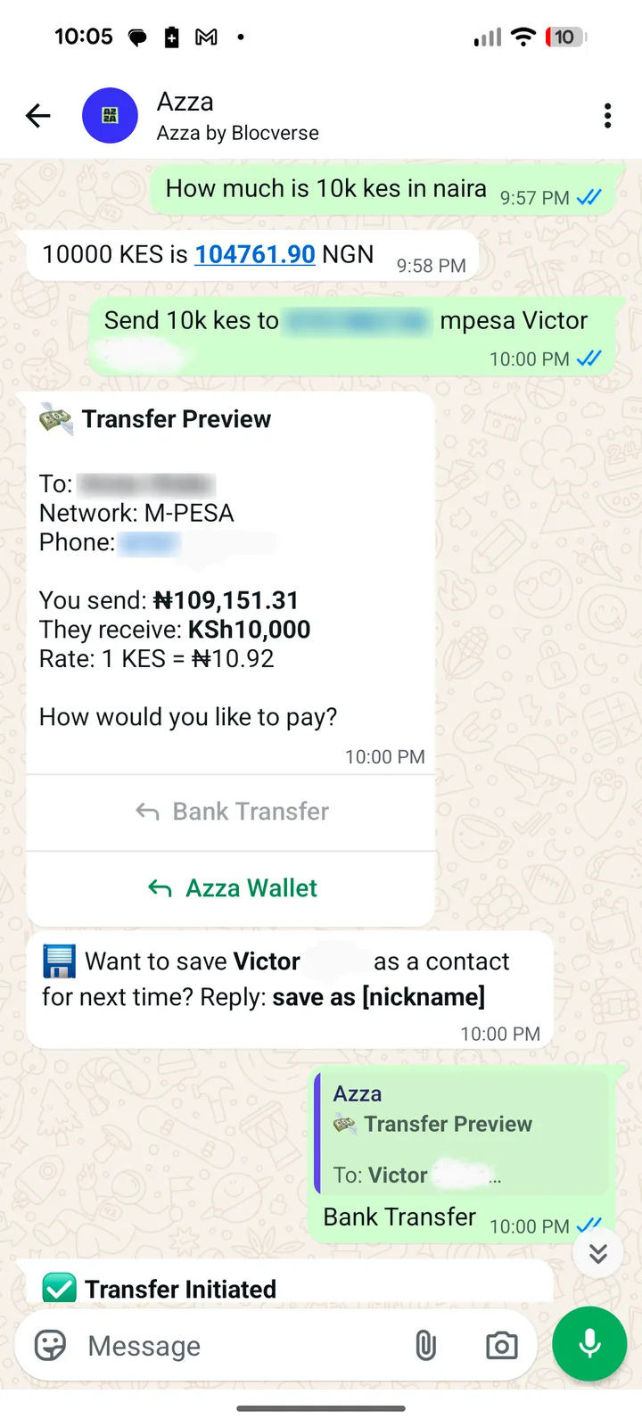 A WhatsApp chat with Azza quoting 10,000 KES in Naira and previewing an M-PESA transfer before it is initiated.