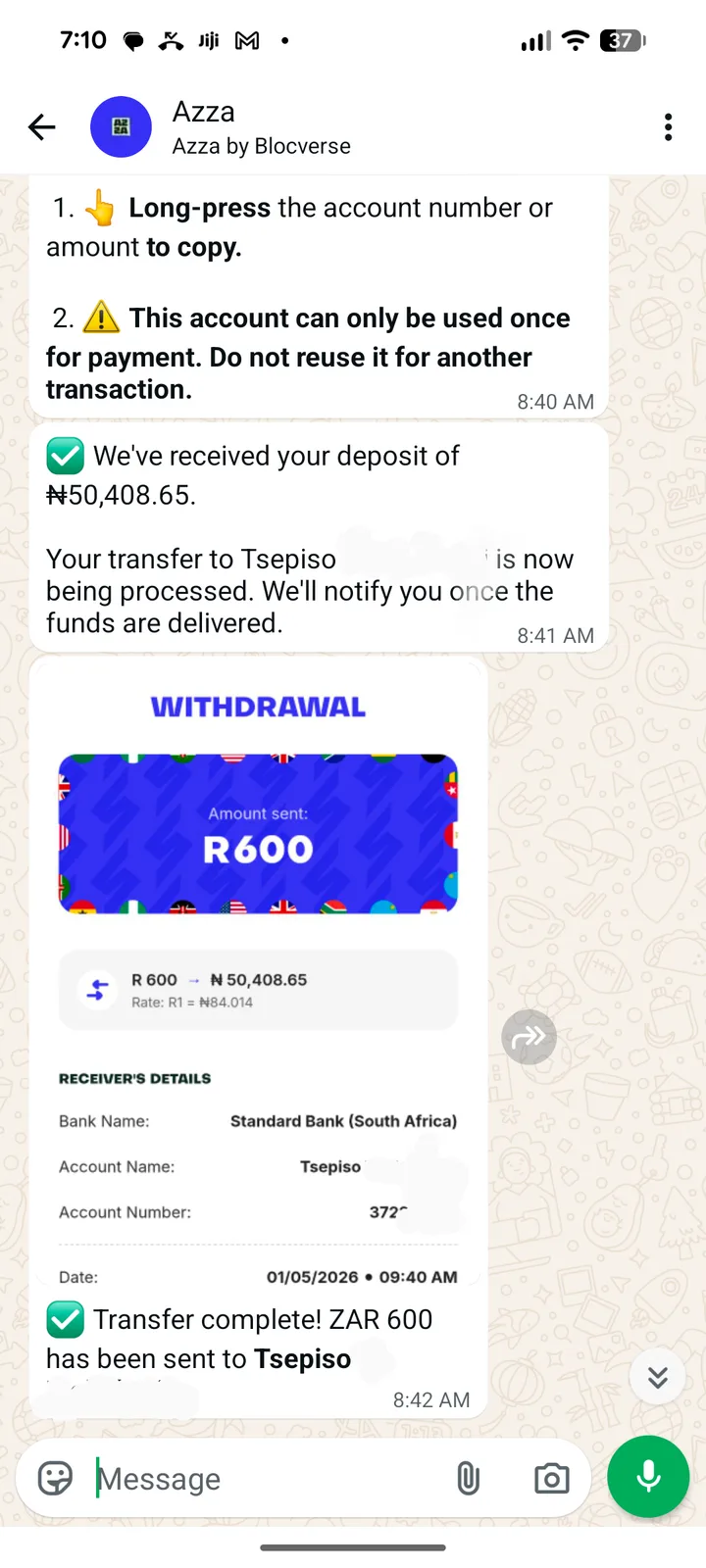 A WhatsApp chat with Azza confirming a Naira deposit and a completed ZAR 600 transfer to a South African bank, with the receipt.