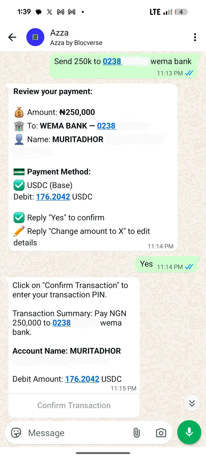 A WhatsApp chat with Azza reviewing a 250,000 Naira bank payment funded by debiting 176.2 USDC.