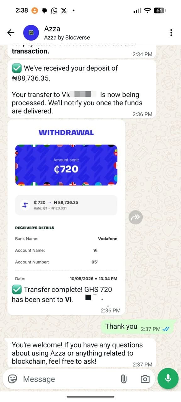 A WhatsApp conversation with Azza confirming a completed transfer of GHS 720.